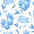 Watercolor medical equipment, Medical masks, blue gloves, seamless pattern