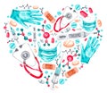 Watercolor medical heart made of gloves, pills, thermometers, syringes, stethoscopes