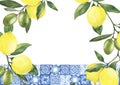 Watercolor mediterranean frame with lemons and traditional tiles. Isolated on white background