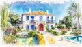 Watercolor Mediterranean Houses ~ AI Generated Content Royalty Free Stock Photo