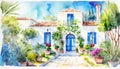 Watercolor Mediterranean Houses ~ AI Generated Content Royalty Free Stock Photo