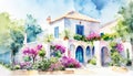 Watercolor Mediterranean Houses ~ AI Generated Content Royalty Free Stock Photo