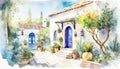 Watercolor Mediterranean Houses ~ AI Generated Content Royalty Free Stock Photo