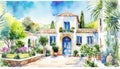 Watercolor Mediterranean Houses ~ AI Generated Content Royalty Free Stock Photo