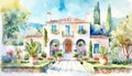 Watercolor Mediterranean Houses ~ AI Generated Content Royalty Free Stock Photo