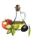 Watercolor mediterranean popular food: tomato, basil, olive and olive oil.