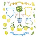 Watercolor mediterranean set, juicy lemons, leaves, flowers, Italian tiles