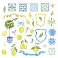 Watercolor mediterranean set, juicy lemons, leaves, flowers, Italian tiles