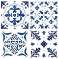 Watercolor Mediterranean tiles set of blue elements. Hand painted traditional illustration isolation on white background for