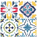 Watercolor Mediterranean tiles set of blue, red, green and yellow elements. Hand painted traditional illustration