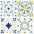 Watercolor Mediterranean tiles set of blue and yellow elements. Hand painted traditional illustration isolation on white