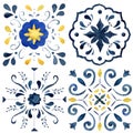 Watercolor Mediterranean tiles set of yellow and blue elements. Hand painted traditional illustration isolation on white