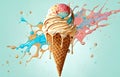 Watercolor melted ice cream in waffle cone on blue background. Paint splashes and drops. Generative AI Royalty Free Stock Photo