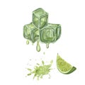 Watercolor melting lime juice ice cubes, lime slices isolated on white background. Botanical illustration of mojito ingredients