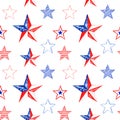 Watercolor memorial day seamless pattern with hand painted red, white and blue stars. Festive repeat background in tradit