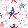 Watercolor memorial day seamless pattern with hand painted red, white and blue stars. Festive 4th of july repeat background Royalty Free Stock Photo