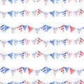 Watercolor memorial day seamless pattern with striped flags, isolated on white background. Traditional colors of us flag