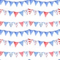 Watercolor 4th of July seamless pattern with striped flags, isolated on white background. Traditional colors of US flag Royalty Free Stock Photo