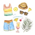 Watercolor men`s beach wear, tropical cocktail, palm leaf, sun hat, sunglasses, isolated on white background. Summer illustration Royalty Free Stock Photo