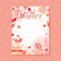 Valentine\'s day menu watercolor retro pink cake, ice cream, waffle and candies