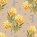 Watercolor merigold on ochre background. Floral seamless pattern for design.