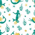 Watercolor merman and mermaid pattern