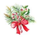 Watercolor Merry Christmas bouquet with Red bow,Holly,leaves,berries Royalty Free Stock Photo