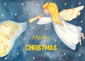 Merry Christmas watercolor card with angel and trumpet, music notes on the dark night sky Royalty Free Stock Photo