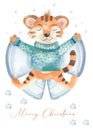 Watercolor Merry Christmas card with Christmas tiger angel, new year 2022, symbol of the year