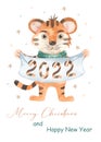 Watercolor Merry Christmas card with Christmas tiger with 2022 poster, new year, symbol of the year