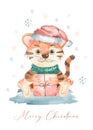 Watercolor Merry Christmas card with christmas tiger wearing santa claus hat, gift, new year 2022, symbol of the year