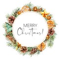Watercolor Merry Christmas card with winter decor. Hand painted fir wreath with cones, branches, cookies, orange slices