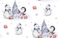 Watercolor merry christmas character penguin illustration. Winter cartoon isolated cute funny animal design card. Snow