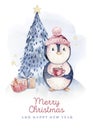 Watercolor merry christmas character penguin illustration. Winter cartoon isolated cute funny animal design card. Snow