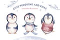 Watercolor merry christmas character penguin illustration. Winter cartoon isolated cute funny animal design card. Snow