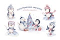 Watercolor merry christmas character penguin illustration. Winter cartoon isolated cute funny animal design card. Snow