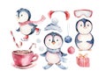 Watercolor merry christmas character penguin illustration. Winter cartoon isolated cute funny animal design card. Snow