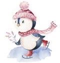 Watercolor merry christmas character penguin illustration. Winter cartoon isolated cute funny animal design card. Snow