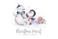 Watercolor merry christmas character penguin and snowman illustration. Winter holidays cartoon isolated cute funny