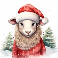 Watercolor merry christmas character sheep illustration Royalty Free Stock Photo