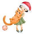 Watercolor merry Christmas composition. Girl in New Year hat holds red cat in arms. Asian teen and fat pet. Kitty Christmas ball.