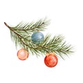 Watercolor merry Christmas composition. Pine branch with creative new year balls hand made. Watercolor illustration isolated