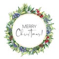 Watercolor Merry Christmas floral card with snowberies. Hand painted fir branches, berries with leaves, pine cones Royalty Free Stock Photo