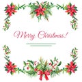 Watercolor Merry Christmas Frame with Red poinsettia flowers,Holly,leaves,berries,pine,spruce Royalty Free Stock Photo