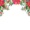 Watercolor Merry Christmas and Happy New Year Frame with Red poinsettia flowers,Holly,leaves,berries,pine,spruce,green Royalty Free Stock Photo