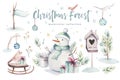 Watercolor Merry Christmas illustration with snowman, holiday cute animals deer, rabbit. Christmas celebration cards Royalty Free Stock Photo
