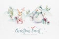 Watercolor Merry Christmas illustration with snowman, holiday cute animals deer, rabbit. Christmas celebration cards Royalty Free Stock Photo