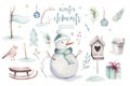 Watercolor Merry Christmas illustration with snowman, holiday cute animals deer, rabbit. Christmas celebration cards Royalty Free Stock Photo