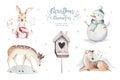 Watercolor Merry Christmas illustration with snowman, holiday cute animals deer, rabbit. Christmas celebration cards Royalty Free Stock Photo