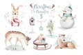 Watercolor Merry Christmas illustration with snowman, holiday cute animals deer, rabbit. Christmas celebration cards Royalty Free Stock Photo